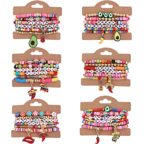 Bracciale Sovrapponibile Messicano Cinco De Mayo Colorato in Argilla Polimerica Perle Heishi Lettera Spicy Fiesta Chili Avocado