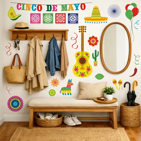 Cinco De Mayo Mexikanische Wandaufkleber PVC Wasserdicht Gitarre Kaktus Sombrero Pinata Muster Für Wohnzimmer Party Deko