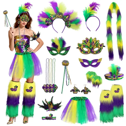 Costume de Fête du Carnaval de Mardi Gras Violet Vert Or Paillettes Plume Masque Tutu Jupe Jambières Tenue de Performance Accessoires Pour Femmes