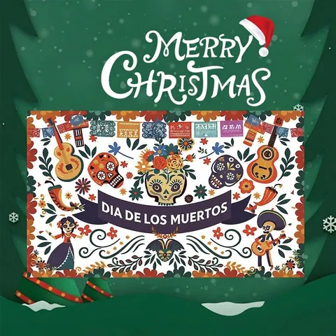 Mexique Jour Des Morts Bannière Toile De Fond Coloré Crâne Guitare Motif Floral Polyester Fête Décoration Fond Tissu