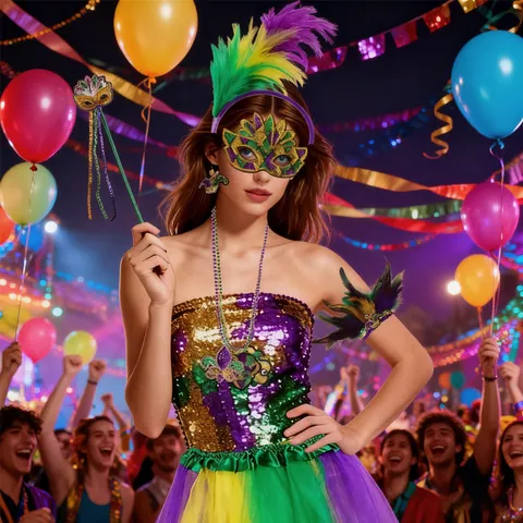 Costume de Fête du Carnaval de Mardi Gras Violet Vert Or Paillettes Plume Masque Tutu Jupe Jambières Tenue de Performance Accessoires Pour Femmes