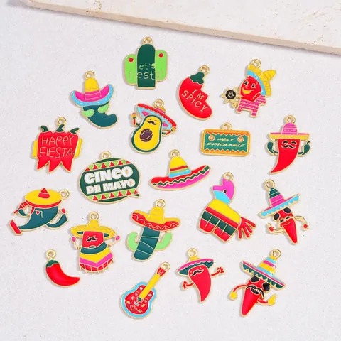 Pendentifs en Alliage d'Émail Festival Mexicain Piment Cactus Avocat Sombrero Guitare Pour Fabrication de Bijoux DIY Bracelet Porte-clés