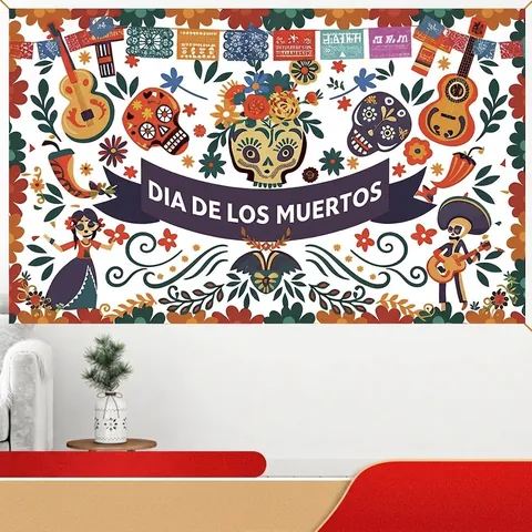 Mexique Jour Des Morts Bannière Toile De Fond Coloré Crâne Guitare Motif Floral Polyester Fête Décoration Fond Tissu