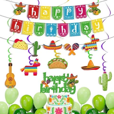 Décoration de Fête d'Anniversaire Fiesta Mexicaine Cactus Sombrero Taco Piñata Bannière Happy Birthday Spirales Suspendues Déco Gâteau