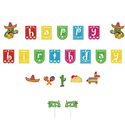 Mexikanische Geburtstagsparty Banner Happy Birthday Girlande Fiesta Party Dekorationen Mit Kaktus Taco Piñata Sombrero Muster Papier Girlande