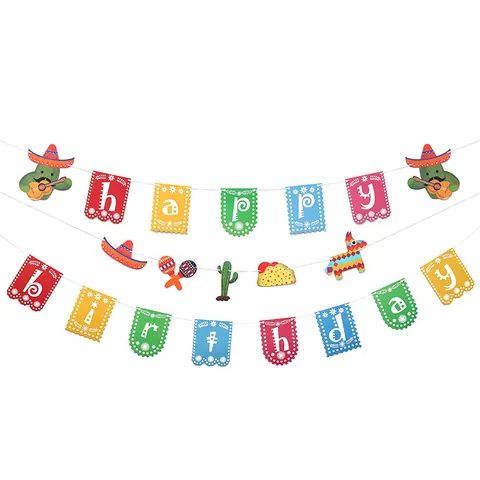 Mexikanische Geburtstagsparty Banner Happy Birthday Girlande Fiesta Party Dekorationen Mit Kaktus Taco Piñata Sombrero Muster Papier Girlande