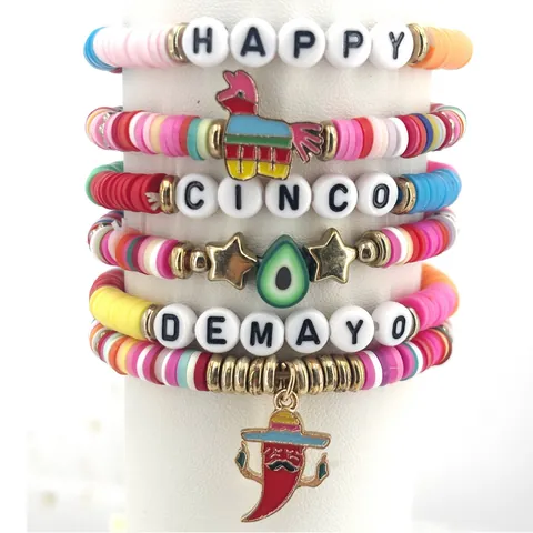 Ensemble de Bracelets Fiesta Mexicaine Cinco de Mayo Bracelets Ethniques en Perles Heishi Pâte Polymère Piment Piñata Bijoux Cadeau Femmes