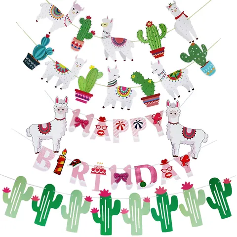 Bannière en Papier Happy Birthday Lama Cactus Dessin Animé Animal Plante Guirlande Suspendue pour Décoration de Fête d'Anniversaire Enfants