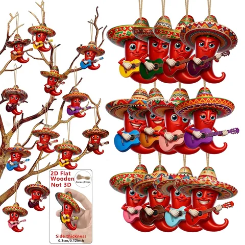 Piment Mexicain Ornements Suspendus Bois Plat 2D Pendentif Avec Sombrero Et Guitare Jour Des Morts Maison Fête Décor