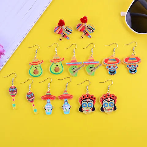 Orecchini in Acrilico con Cartoni Animati di Carnevale Messicano Gioielli per Feste Festive Cinco De Mayo Avocado Cactus Teschio Maracas Piñata Sombrero Bottiglia Tequila