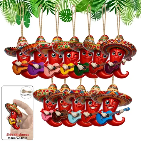 Piment Mexicain Ornements Suspendus Bois Plat 2D Pendentif Avec Sombrero Et Guitare Jour Des Morts Maison Fête Décor