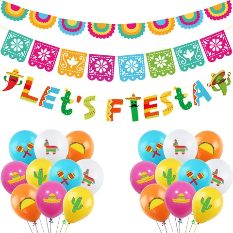 Ensemble de Décorations de Fête Fiesta Mexicaine Bannières en Papier et Ballons en Latex Motif Cactus Alpaga pour Carnaval Anniversaire