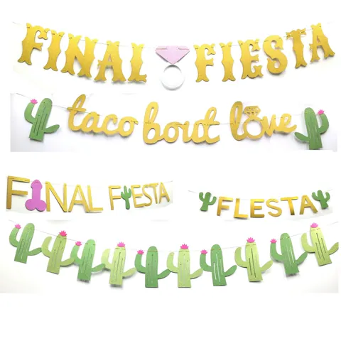 Bannière de Fête Mexicaine Pailletée Or Décoration de Mariage Enterrement de Vie de Jeune Fille Guirlande Cactus Taco Bout Love