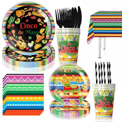 Μεξικάνικο Σετ Ειδών Πάρτι Fiesta Διακοσμήσεις Cinco De Mayo Επιτραπέζια Σκεύη Μιας Χρήσης Χάρτινα Πιάτα Ποτήρια Χαρτοπετσέτες Τραπεζομάντιλο Banner για Παιδικά Γενέθλια Διακόσμηση Πάρτι
