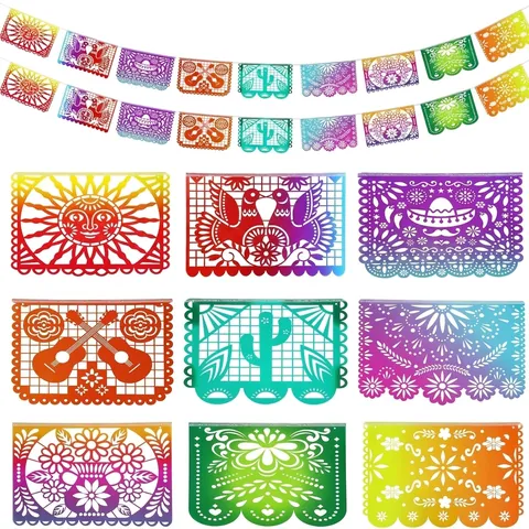 Bannière Style Papel Picado Mexicain Dégradé En Plastique PET Pour Décorations Fête Jour Des Morts Guirlande Festival Motif Floral Traditionnel