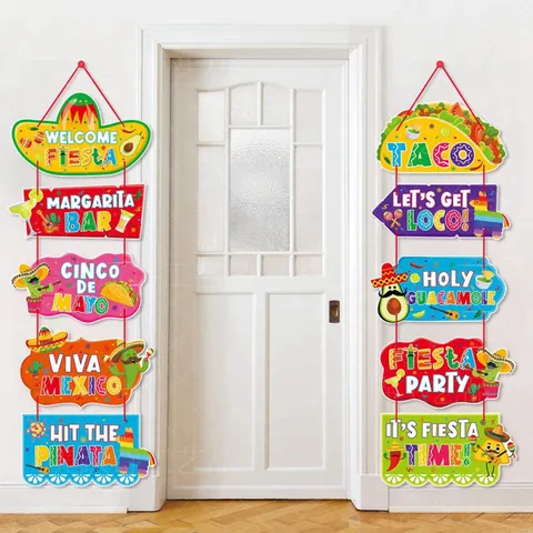 Bannière de Fête Mexicaine Décorations de Porte Cinco De Mayo Panneau Suspendu Taco Cactus Sombrero Guirlande Festival Mexicain