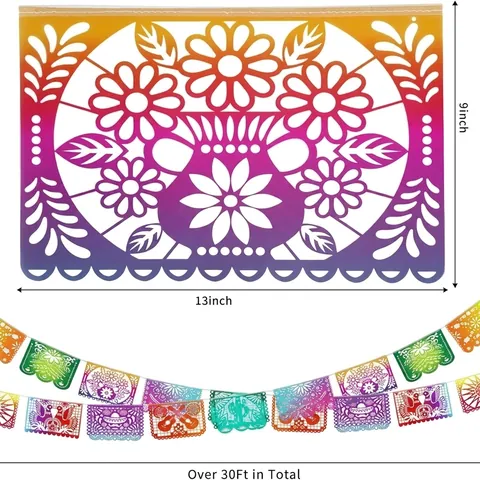 Bannière Style Papel Picado Mexicain Dégradé En Plastique PET Pour Décorations Fête Jour Des Morts Guirlande Festival Motif Floral Traditionnel