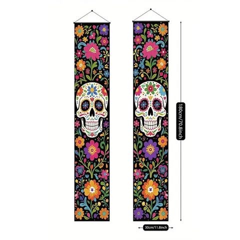 Bannières de Porte du Jour des Morts Mexicains Squelette Crâne en Sucre Bannière Suspendue Décoration de Bannière Pour Dia De Los Muertos Fête Cour Jardin Maison Extérieur Polyester Tenture Murale
