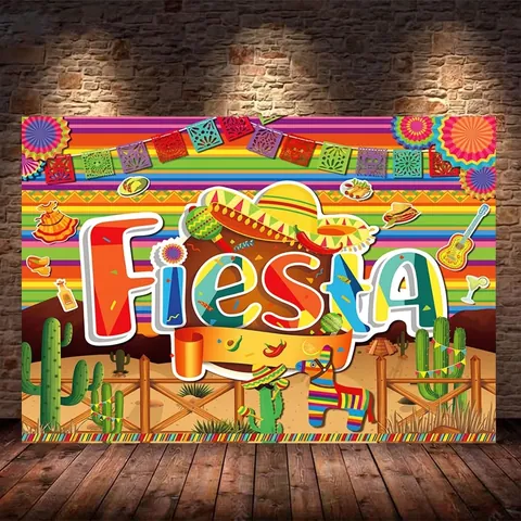 Sfondo Fiesta Messicana a Strisce Colorate in Vinile Sfondo Fotografico Cactus Chitarra Decorazioni per Feste di Compleanno