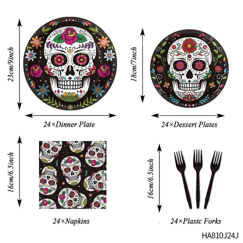 Décorations de Fête Mexicaine Jour des Morts Bannière Taco Bar Vaisselle Assiettes Serviettes Fourchettes Sac à Dos à Cordon