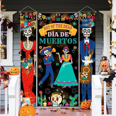 Ensemble de Bannières de Porche Mexicaines Jour des Morts Décoration de Porte Squelette Floral Día de Muertos