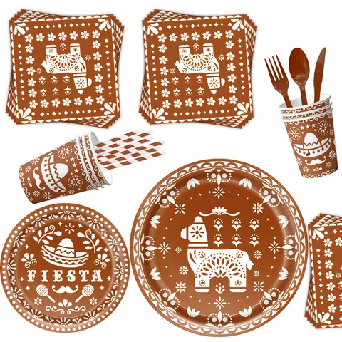 Set di Forniture per Feste Messicano Giorno dei Morti Marrone Fiesta Motivi Etnici Piatti Tovaglioli Bicchieri Tovaglia Banner Decorazioni