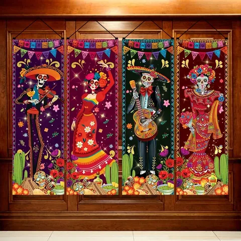 Bannières de Squelette Mexicain du Jour des Morts Décorations de Fête d'Halloween Rideaux de Porte en Polyester Drapeaux Suspendus de Porche Pour Décoration de Maison