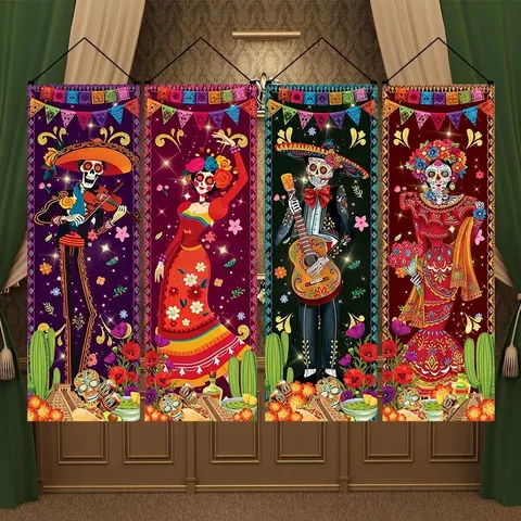 Bannières de Squelette Mexicain du Jour des Morts Décorations de Fête d'Halloween Rideaux de Porte en Polyester Drapeaux Suspendus de Porche Pour Décoration de Maison