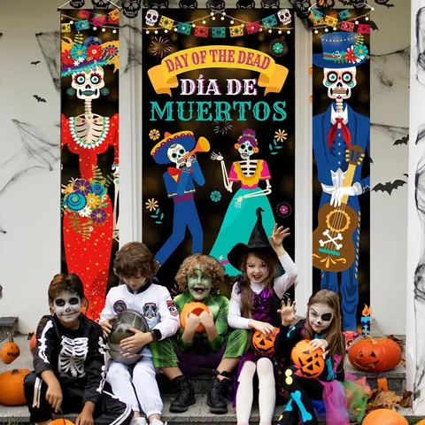 Ensemble de Bannières de Porche Mexicaines Jour des Morts Décoration de Porte Squelette Floral Día de Muertos