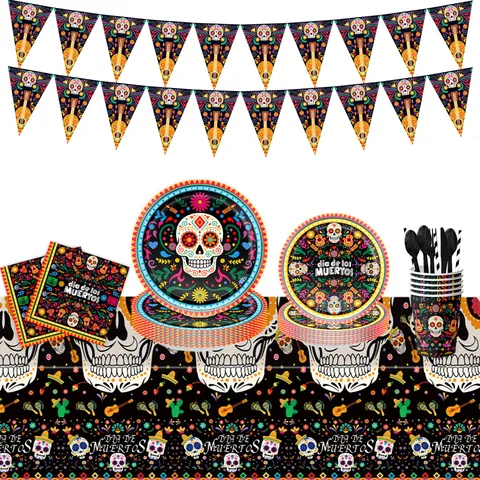 Articoli per Feste del Giorno dei Morti Piatti di Carta Usa e Getta Tazze Tovaglioli Tovaglia Striscione per Decorazione Halloween