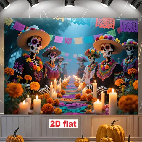 Drapeau de Jardin Mexicain Jour des Morts Crâne de Sucre Motif Traditionnel Bannière en Polyester pour Halloween Décoration de Jardin Fête