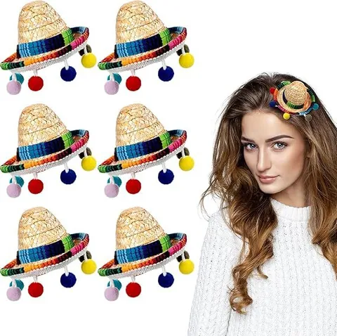 Mini Mexikanische Sombrero Haarclips Mit Bunten Pompons Und Gestreiftem Band Strohhut Haarschmuck Für Fiesta Party Halloween Kostüm