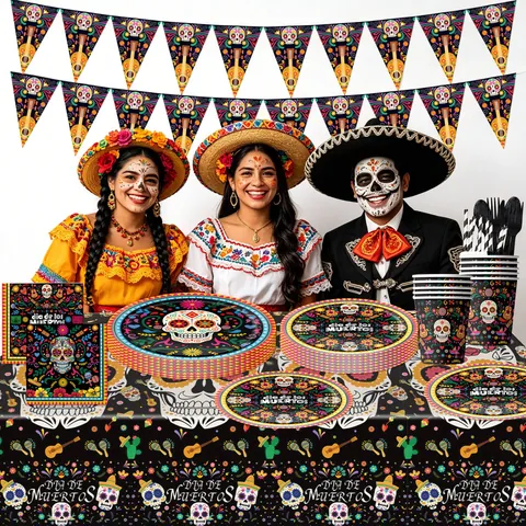 Mexikanisches Tag Der Toten Party Geschirr Set Zuckerschädel Bedruckte Pappteller Servietten Becher Tischdecke Wimpelkette Für Dia De Los Muertos Dekoration