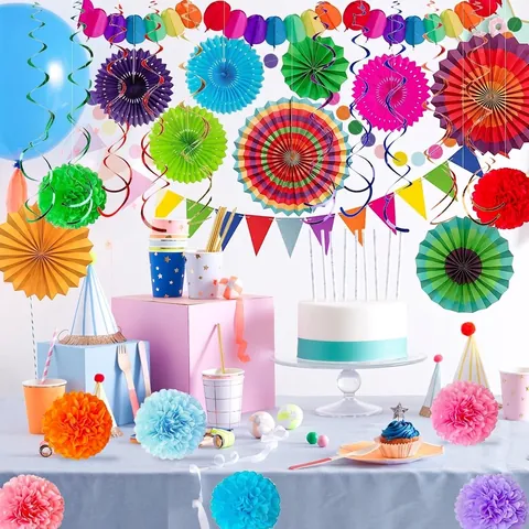 Mexicaanse Fiesta Party Decoratie Set Regenboog Papieren Waaiers Pompons Driehoek Banner Hangende Spiralen Voor Verjaardag