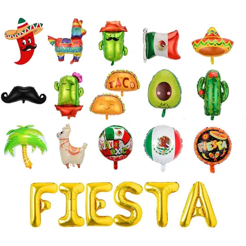 Ballon en Feuille d'Aluminium pour Fête de Carnaval Fiesta Mexicaine Drapeau Mexicain Cactus Taco Sombrero Piment Ballons pour Décoration de Fête