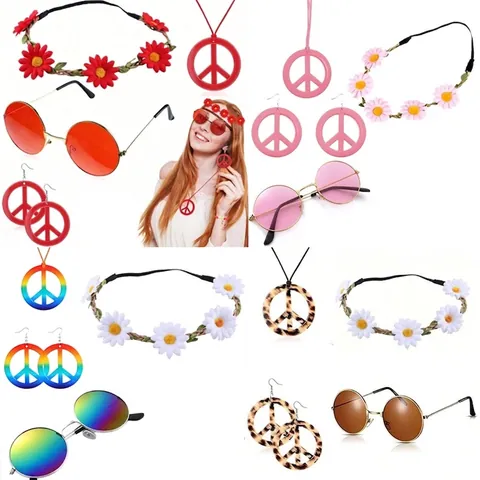 Accessoires Déguisement Hippie Lunettes Soleil Rondes Rétro Collier Boucles Oreilles Signe Paix Bandeau Fleur Marguerite Bracelet Décoration Carnaval