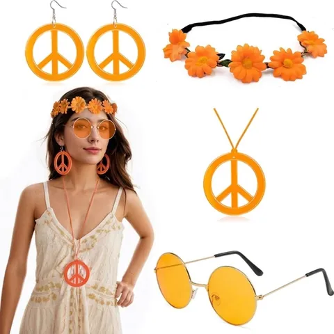Accessoires Déguisement Hippie Lunettes Soleil Rondes Rétro Collier Boucles Oreilles Signe Paix Bandeau Fleur Marguerite Bracelet Décoration Carnaval