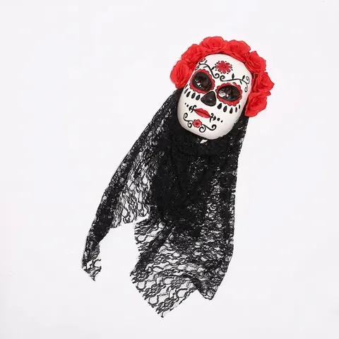 Maschera Giorno Dei Morti Messicano Per Donna Con Velo Lungo In Pizzo E Fiori Di Rosa Artificiali Maschera Per Festa In Maschera Di Halloween