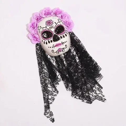 Maschera Giorno Dei Morti Messicano Per Donna Con Velo Lungo In Pizzo E Fiori Di Rosa Artificiali Maschera Per Festa In Maschera Di Halloween