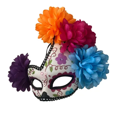 Mexikanische Tag Der Toten Maskerade Maske Für Damen Halloween Zuckerschädel Maske Mit Bunten Kunstblumen Spitzenbesatz