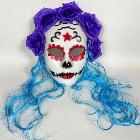 Mexique Jour Des Morts Masque Halloween Horreur Crâne Masque Avec Roses Violettes Et Cheveux Bouclés Bleus Masque De Soirée Mascarade