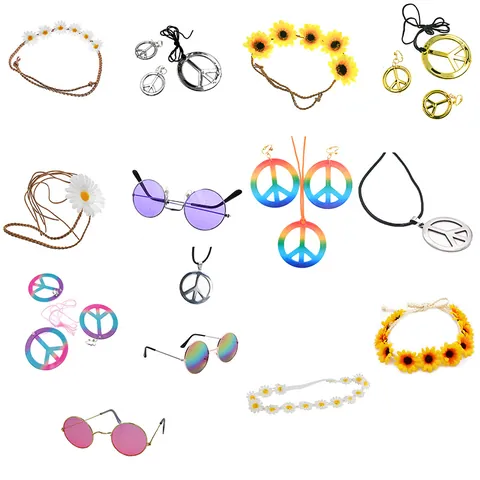 Hippie Kostümzubehör Set Friedenszeichen Halskette Gradient Ohrringe Retro Runde Sonnenbrille Blumen Stirnband Bandana Für Halloween Karneval Party
