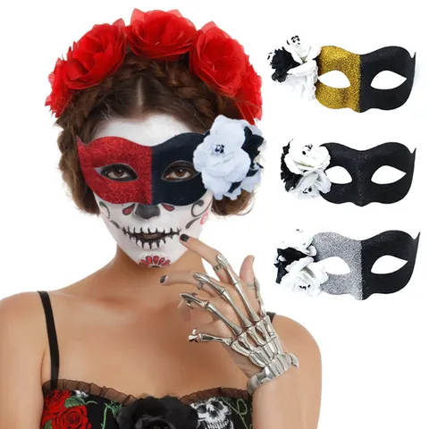 Mexicano Día De Los Muertos Halloween Baile De Máscaras Media Máscara Aterradora Purpurina Bloque De Color Cráneo Lirio Floral Cosplay Fiesta Máscara