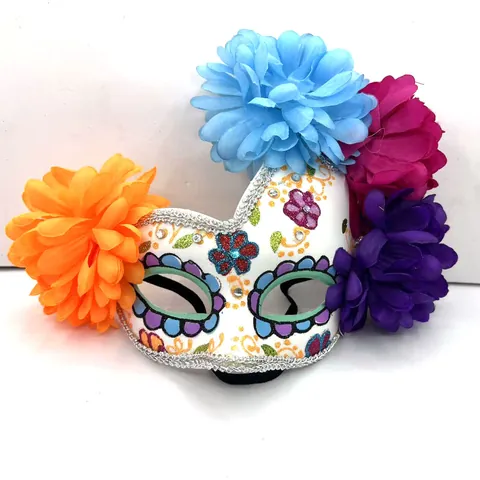 Masque Demi-Visage Mexicain Jour des Morts avec Fleurs Crâne de Sucre Mascarade Halloween pour Carnaval Fête Déguisement