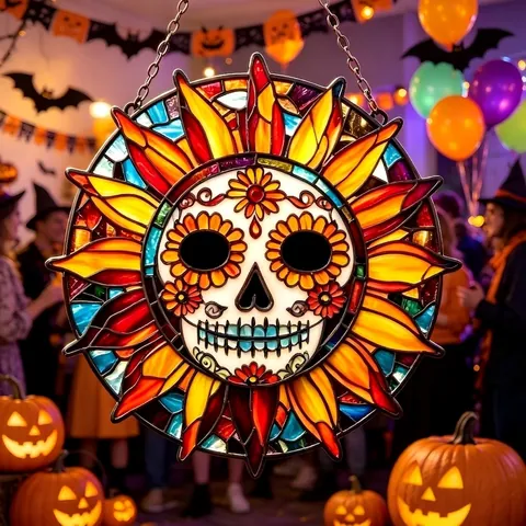 Ornement Suspendu en Acrylique Jour Des Morts Soleil Tête de Mort Style Vitrail Capteur de Soleil Pour Fête Halloween Maison