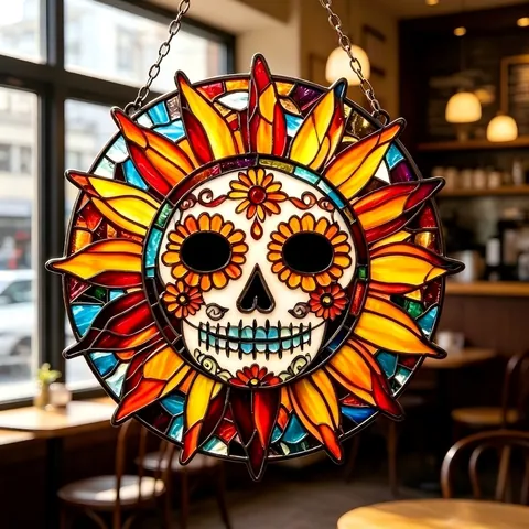 Ornement Suspendu en Acrylique Jour Des Morts Soleil Tête de Mort Style Vitrail Capteur de Soleil Pour Fête Halloween Maison