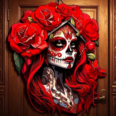 Letrero Colgante de Madera Halloween Día de los Muertos Calavera de Azúcar Rosa Decoración de Puerta Adorno de Pared