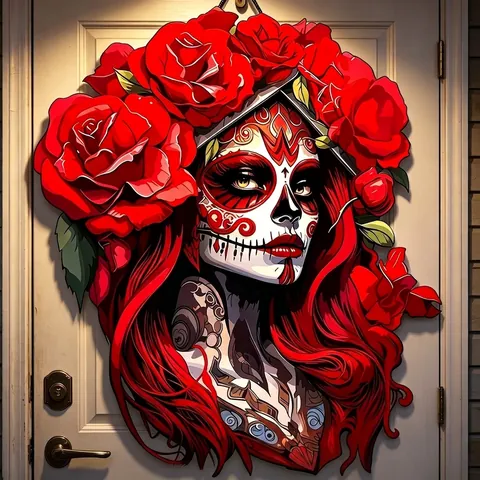Letrero Colgante de Madera Halloween Día de los Muertos Calavera de Azúcar Rosa Decoración de Puerta Adorno de Pared