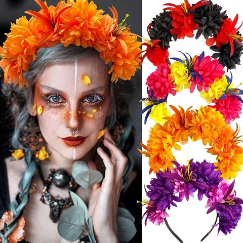 Serre-Tête Fleurs De Souci Artificielles Halloween Pour Fête Jour Des Morts Coiffure Florale Accessoire Costume