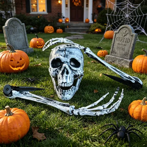 Halloween Décoration de Jardin Extérieur Piquets de Squelette Crâne Réaliste et Bras en Os Piquets pour Cour Pelouse Cimetière Accessoires de Fête Effrayants
